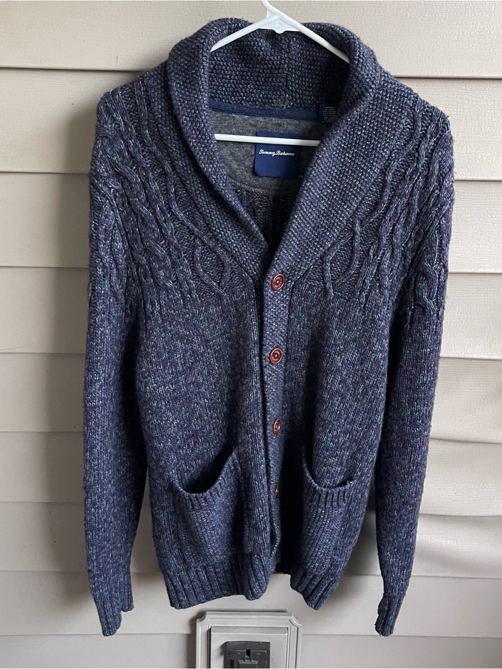 Tommy Bahamas Lambswool Button Down Sweater Mens Size M Blue Cable Knit Academia